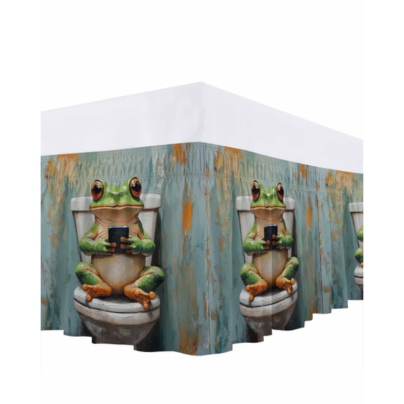 Funny Animal Bed Skirt King Size 16" Drop Frog Sitting on Toilet Frog Playing Phone Ruffled Wrap Around Bed Skirts Adjustable Elastic Bedskirt Dust Ruffle for King Size Bed