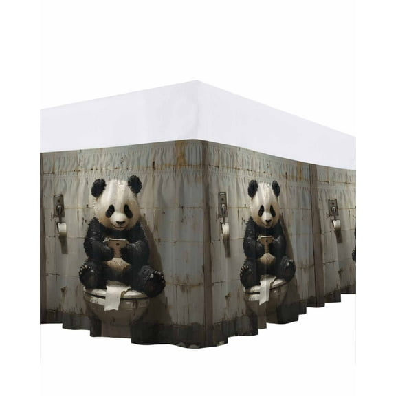 Funny Animal Bed Skirt Panda Sitting on Toilet Panda Playing Phone Bed Skirts Queen Size 16 Inch Drop, Wrap Around Dust Ruffle Bedskirt with Adjustable Elastic Belt for Queen Size Beds
