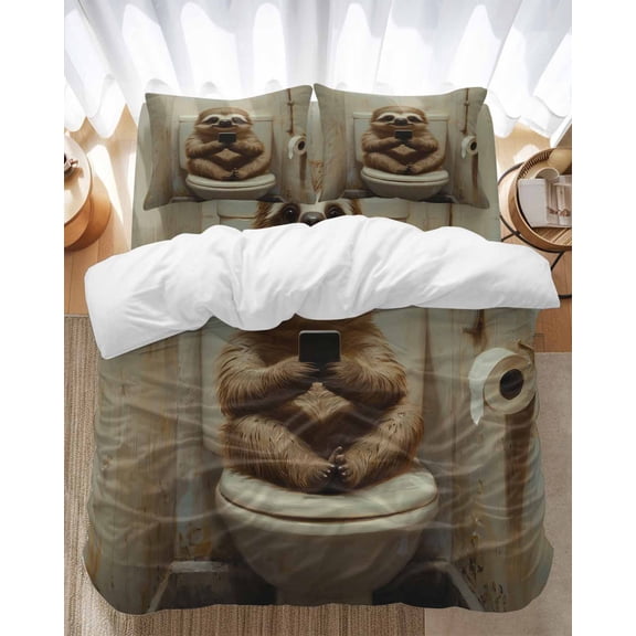 Funny Animal Bedding Duvet Cover Set Full Size 4 Pieces Sloth Sitting on Toilet Sloth Playing Phone Bedding Set with Zipper Closure, 1 Comforter Cover 86x86 Inches 1 Flat Sheet & 2 Pillow Cases