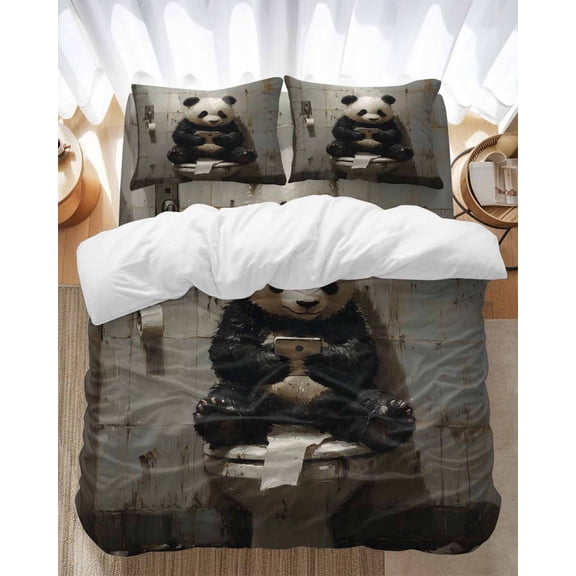 Funny Animal Bedding Duvet Cover Set Twin Size 4 Pieces Panda Sitting on Toilet Panda Playing Phone Bedding Set with Zipper Closure, 1 Comforter Cover 68x86 Inches 1 Flat Sheet & 2 Pillow Cases