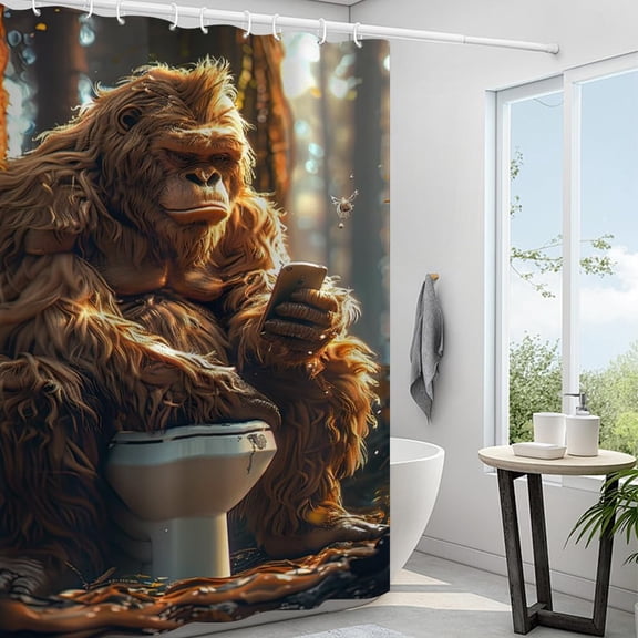 Funny Animal Bigfoot Shower Curtain Cool Monkey Sasquatch Playing in Toliet Bathroom Shower Curtain Set with Hooks Bigfoot Bathroom Decor Set Boys Teen Shower Curtain for Boys Mens 72"x72"