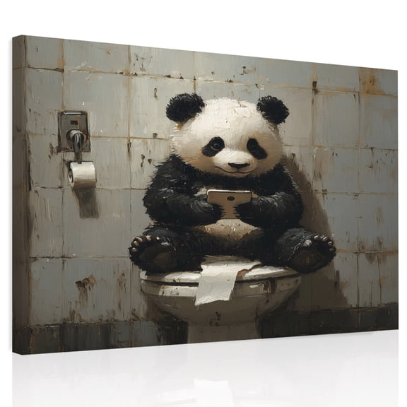 Funny Animal Canvas Print Wall Art, Panda Sitting on Toilet Panda Playing Phone Wall Decor Modern Artwork Paintings Pictures for Living Room Framed and Stretched Ready to Hang, 24" x 32"