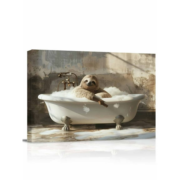 Funny Animal Canvas Print Wall Art Sloth Bathing in The Bathtub With Cigars Framed Canvas Art Wall Decor Pictures Painting Morden Artwork for Living Room Bedroom, Ready to Hang - 12"x16"