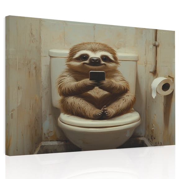 Funny Animal Canvas Print Wall Art, Sloth Sitting on Toilet Sloth Playing Phone Wall Decor Modern Artwork Paintings Pictures for Living Room Framed and Stretched Ready to Hang, 20" x 24"