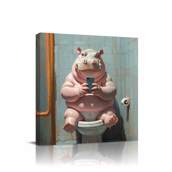Funny Animal Canvas Wall Art, Hippo Sitting on Toilet Hippo Playing Phone Framed Wall Decor Modern Artwork Prints Painting for Living Room, Bedroom, Kitchen & Cafe Decor 28x28 Inch