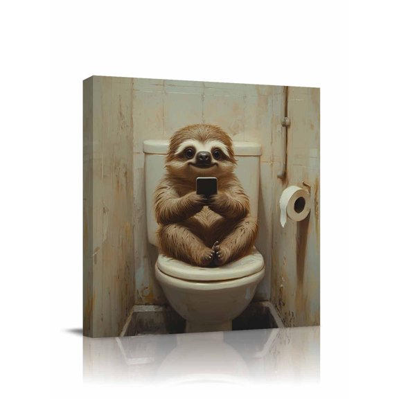 Funny Animal Canvas Wall Art, Sloth Sitting on Toilet Sloth Playing Phone Framed Wall Decor Modern Artwork Prints Painting for Living Room, Bedroom, Kitchen & Cafe Decor 20x20 Inch