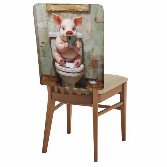 Funny Animal Chair Back Covers Set of 1, Pig Sitting on Toilet Stretch Dining Chair Back Slipcovers Removable Seat Cover for Kitchen Restaurant Hotel Cafe