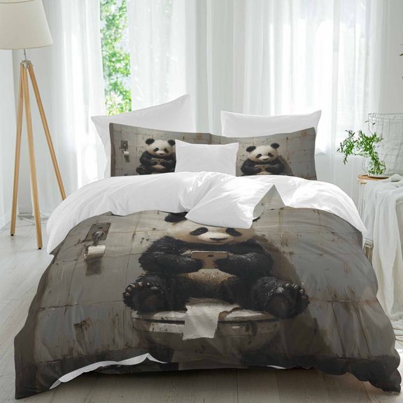 Funny Animal Comforter Set Twin Size, Panda Sitting on Toilet Panda Playing Phone Soft Bedding Set for Man Woman, 4 Pieces Duvet Cover Set with Fitted Sheet, 2 Pillowcases