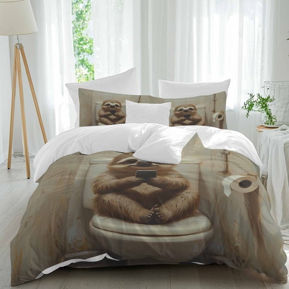 Funny Animal Comforter Set Twin Size, Sloth Sitting on Toilet Sloth Playing Phone Soft Bedding Set for Man Woman, 4 Pieces Duvet Cover Set with Fitted Sheet, 2 Pillowcases