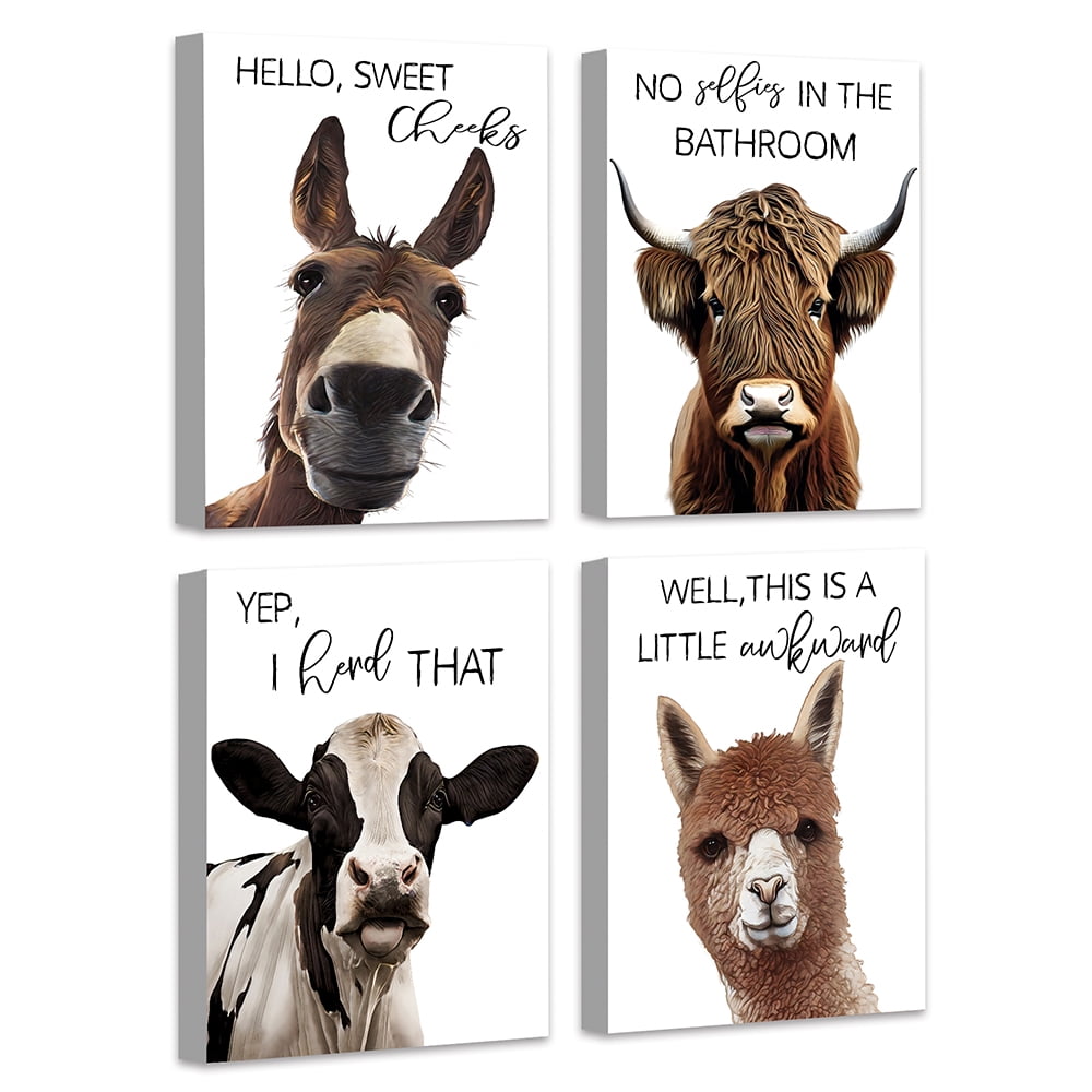 Funny Animal Cute Bathroom Signs Rustic Canvas Painting Farmhouse Artwork Wall Art Prints Guest Toilet Room Decor 12x16in Natural Framed
