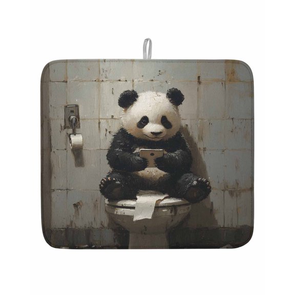Funny Animal Dish Drying Mat 16x18 inch Panda Sitting on Toilet Panda Playing Phone Super Absorbent Microfiber Dish Drying Pad for Kitchen Countertops Sink Dish Drainer Racks Coffee Bar Mats 1 Pack