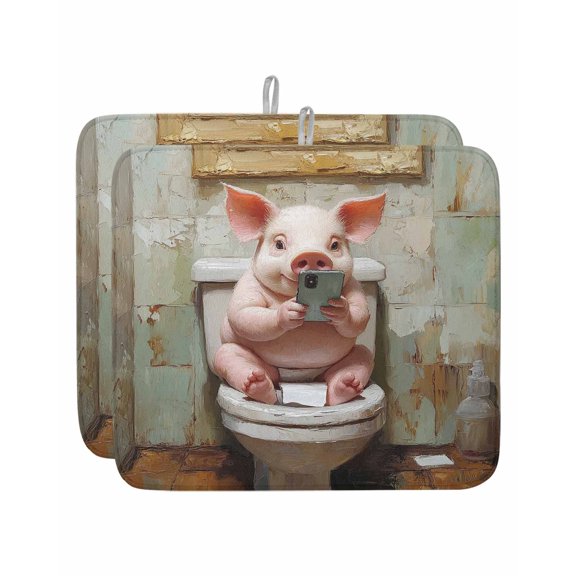 Funny Animal Dish Drying Mat 16x18 inch Pig Sitting on Toilet Pig Playing Phone Super Absorbent Microfiber Dish Drying Pad for Kitchen Countertops Sink Dish Drainer Racks Coffee Bar Mats 2 Pack