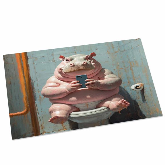 Funny Animal Door Mat 18x30 Inch Hippo Sitting on Toilet Hippo Playing Phone Entryway Rug with Non-Slip Rubber, Front Door Rug Indoor Floor Mats for Living Room Bathroom Bedroom Home Office