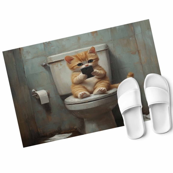 Funny Animal Door Mat Kitten Sitting on Toilet Non Slip Absorbent Entrance Mat Washable Low Profile Indoor Doormat for Front Door Entryway Entry 18"x30"