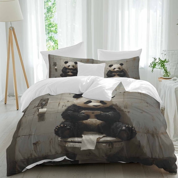 Funny Animal Duvet Cover Set Full Size Panda Sitting on Toilet Panda Playing Phone Soft Lightweight Comforter Covers 4 Piece Bedding Set with 1 Duvet Cover 1 Bed Sheet & 2 Pillow Shams