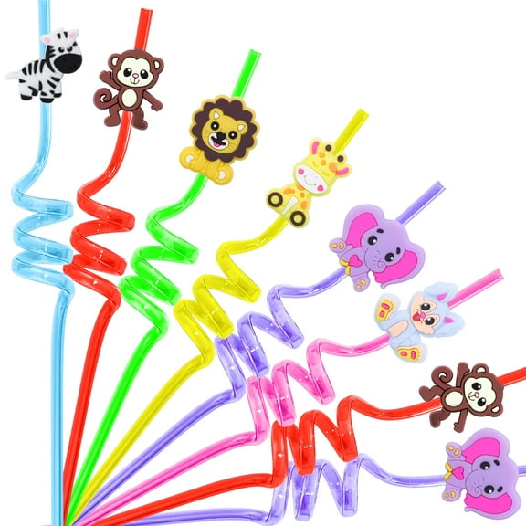 Funny Animal Element Spiral Straws,24 Pcs Reusable Drinking Straws For Party Favors Decoration Supplies
