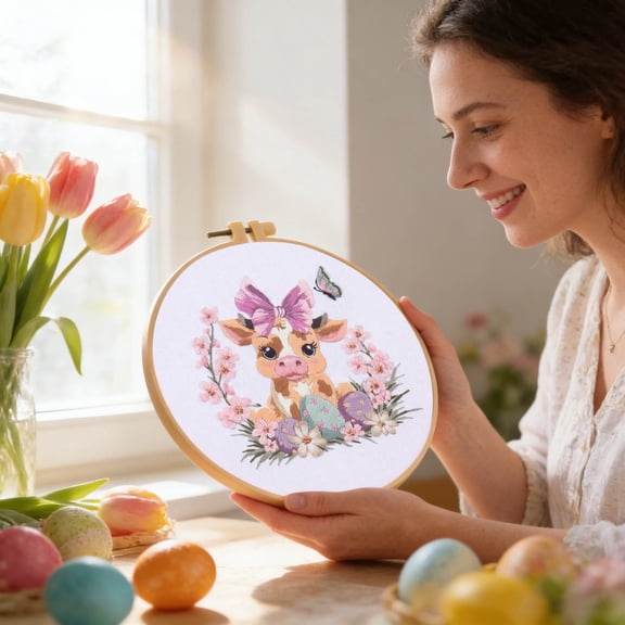 Funny Animal Embroidery Kits For Beginners,Cross Stitch Kit For Adults,Diy Needlepoint With Cattle And Flower Pattern,7.87X7.87 Inch Hoop,Material Kit