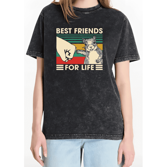Best Friends Graphic Tees Print Tshirt Washed Black Funny Animal Shirts S-2XL Tops