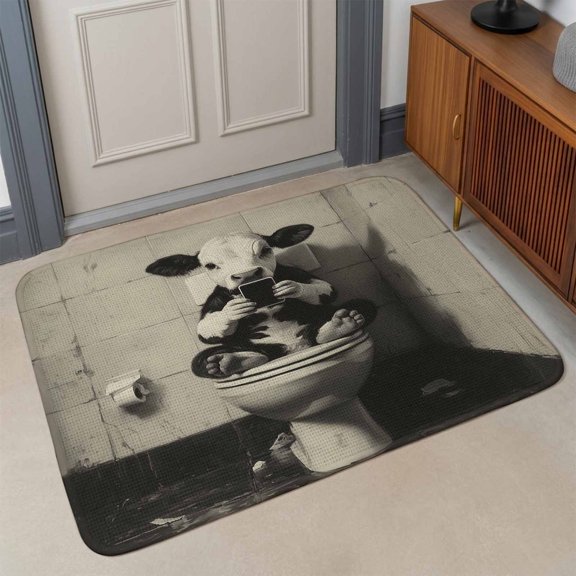 Funny Animal Front Door Mat Indoor Entrance, Dairy Cow Sitting on Toilet Playing Phone Absorbent Dirt Resist Welcome Mats Non-Slip Low-Profile Doormat Washable Entry Rug Indoor Outdoor 17x30 Inch