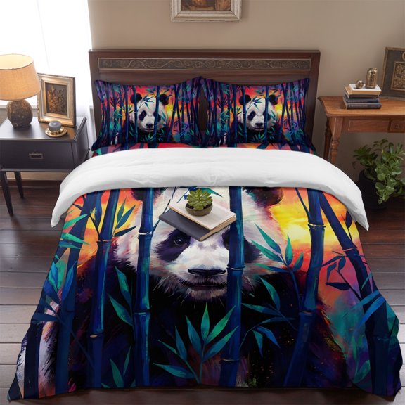 Funny Animal Giant Panda Queen Size Bed Set,Green Plants Bamboos Bedding for All Seasons,4 Pcs Bed Set,1 Quiltcover (90"x90"),1 Sheet (90"x102"),2 Pillowcases (20"x30")