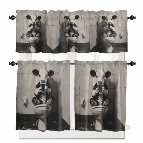 Funny Animal Kitchen Curtains and Valances Set, Dairy Cow Sitting on Toilet Playing Phone Rod Pocket Window Valance 18 Inch Window Curtain Panels for Living Room Bedroom Laundry, 27.5x24in, 3 Pieces