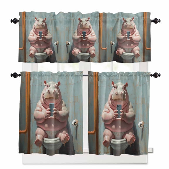 Funny Animal Kitchen Curtains and Valances Set, Hippo Sitting on Toilet Hippo Playing Phone Rod Pocket Window Valance Window Curtain Panels for Living Room Bedroom Laundry, 27.5x24in, 3 Pieces