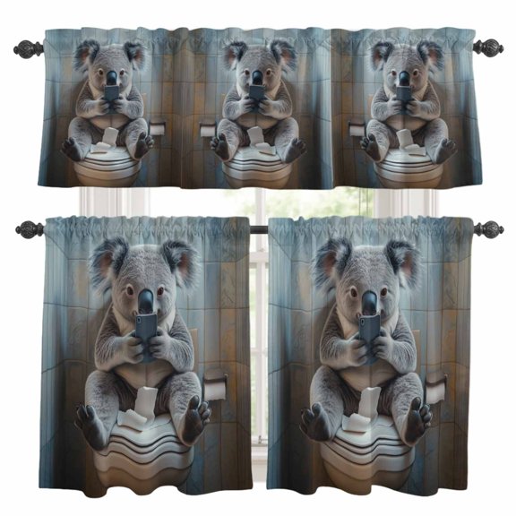 Funny Animal Kitchen Curtains Valances and Tiers Set of 3 Koala Sitting on Toilet Tier Curtains and Valance with Rod Pocket for Small Windows, 27.5"x24"