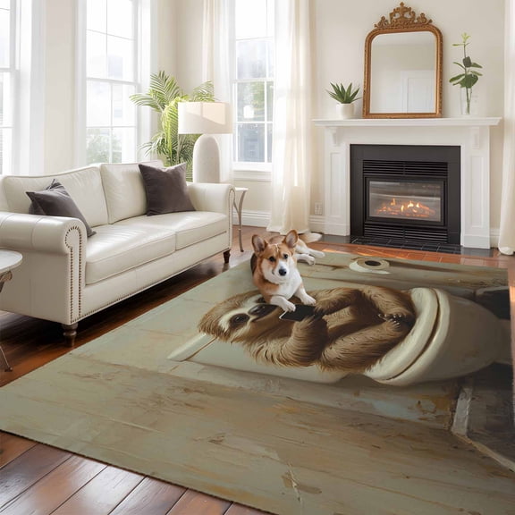 Funny Animal Large Area Rugs 8x10 ft Sloth Sitting on Toilet Sloth Playing Phone Washable Rug Non Slip Indoor Carpet Absorbent Floor Mat for Living Room Bedroom Dining Room