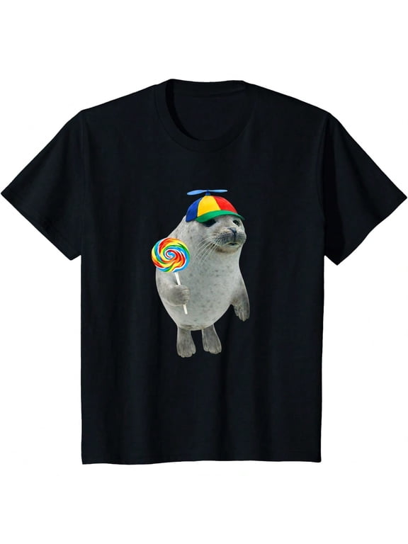 Funny Animal Meme T-Shirt Men's Seal Holding Rainbow Lollipop Print Short Sleeve Crew Neck Top