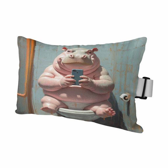 Funny Animal Outdoor Chaise Lounge Pillows Hippo Sitting on Toilet Hippo Playing Phone Lumbar Pillows with Insert Adjustable Elastic Strap Headrest Pillow for Recliner Patio Chair 1 Pack 12x20 Inch