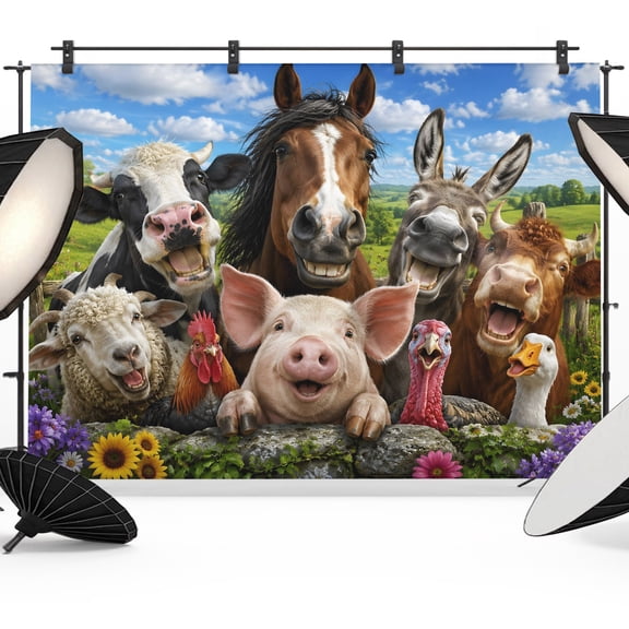 Funny Animal Pattern Backdrops for Photography, Pig Donkey Horse Sheep Cow Rooster Farm Fabric Photo Background Sturdy Studio Props for Photo Studio, Video Recording, Booth & Photoshoot 7x5ft