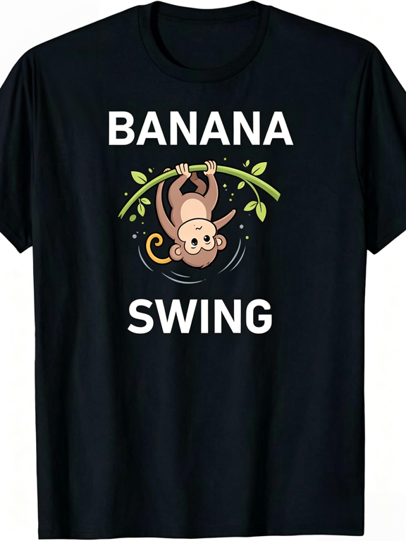 Funny Animal Pun Graphic Tee Banana Swing Kawaii Cartoon Swinging Monkey On Vine Leaf Print All Seasons Casual Short Sleeve T Shirt