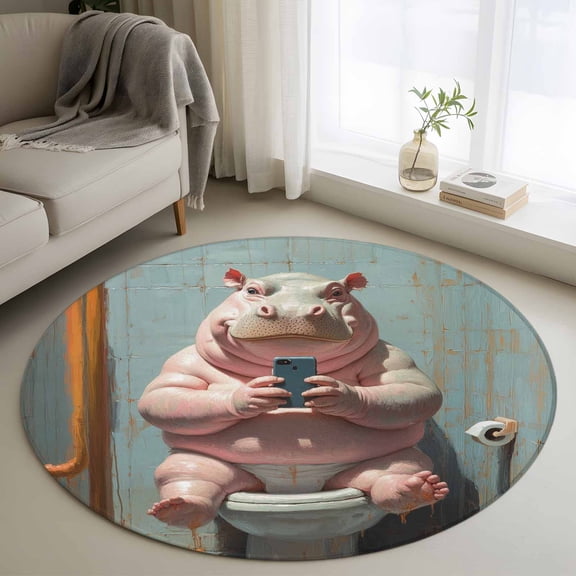 Funny Animal Round Rugs for Living Room 4ft Hippo Sitting on Toilet Hippo Playing Phone Non Slip Circle Rug Washable Low-Profile Indoor Carpet for Bedroom, Dining Room, Bathroom
