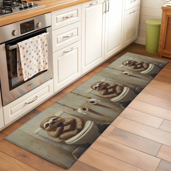 Funny Animal Runner Rug for Hallway 2x6ft, Sloth Sitting on Toilet Sloth Playing Phone Non Slip Floor Mat Washable Low-Profile Indoor Carpet for Living Room, Bedroom, Dining Room