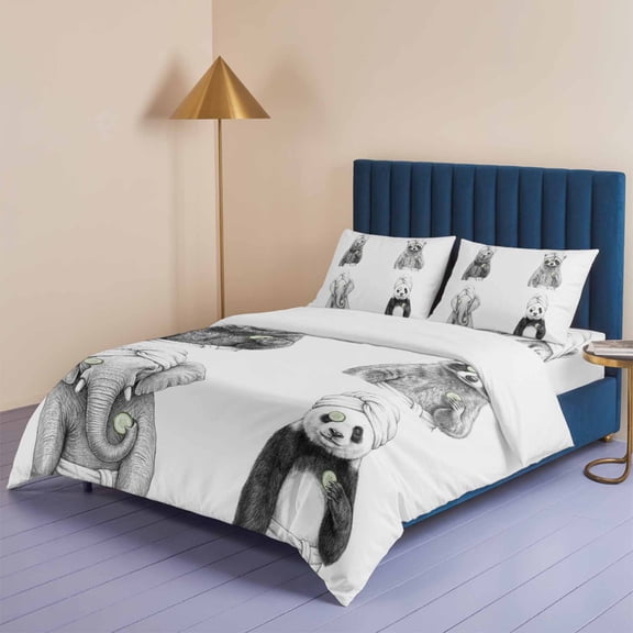 Funny Animal SPA Sketch Art Queen Size Bed Set,Bear Panda Elephant Raccoon Bedding for All Seasons,4 Pcs Bed Set,1 Quiltcover (90"x90"),1 Sheet (90"x102"),2 Pillowcases (20"x30")