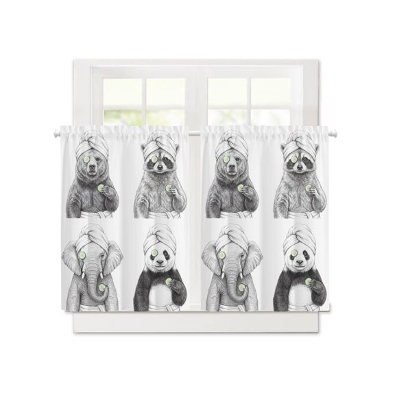 Funny Animal SPA Sketch Art Short Blackout Curtains 45 Inch Long,Bear Panda Elephant Raccoon Rod Pocket Kitchen Curtains,2 Panels Thermal Insulated Room Darkening Drapes for Bedroom,30"W x 45"L