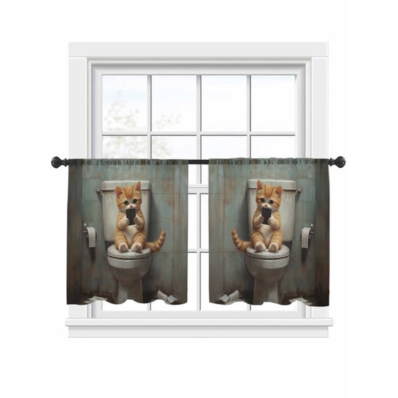 Funny Animal Sheer Curtains 45 inches Long 2 Panels Set Kitten Sitting on Toilet Kitten Playing Phone Tiers Sheers Rod Pocket Small Window Short Curtains for Kitchen Cafe, Each 52" W x 45" L