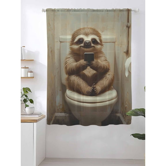 Funny Animal Sheer Curtains 63 Inch Long 1 Panel Sloth Sitting on Toilet Sloth Playing Phone Light Filterring Curtain Drapes Rod Pocket Voile Window Curtain for Living Room Bedroom 52" x 63"