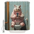 thumbnail image 1 of Funny Animal Shower Curtain, 66" x 72", Hippo Sitting on Toilet Hippo Playing Phone Waterproof Bathroom Curtain Washable Shower Curtain Set with 12 Hooks, 1 of 6