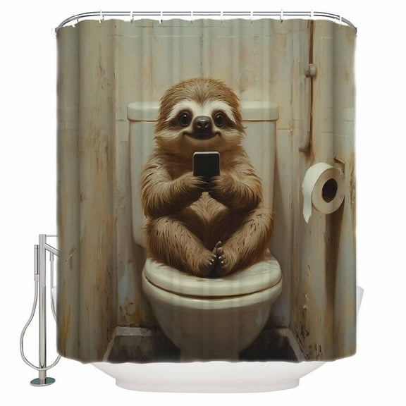 Funny Animal Shower Curtain, 72" x 72", Sloth Sitting on Toilet Sloth Playing Phone Waterproof Bathroom Curtain Washable Shower Curtain Set with 12 Hooks