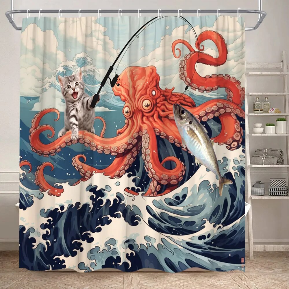 Funny Animal Shower Curtain Cartoon Watercolor Wave Cat Octopus