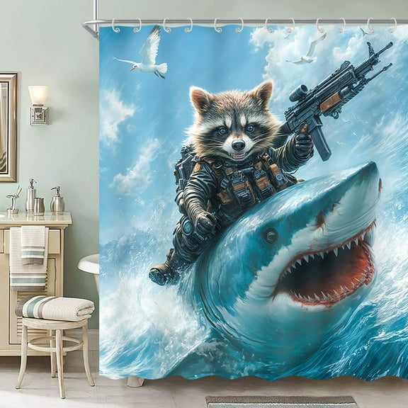Funny Animal Shower Curtain, Cool Cute Raccoon Riding Shark Ocean Wave Shower Curtain for Bathroom, Fun Nautical Coastal Funny Kids Children Fabric Waterproof Bath Curtains with 12 Hooks 70X70in