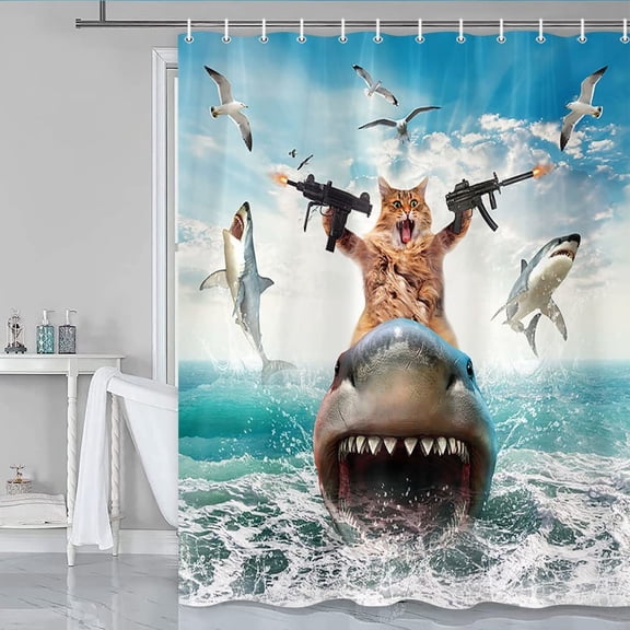 Funny Animal Shower Curtain, Cool Raccoon Riding Shark Theme Ocean Shower Curtain for Bathroom, Fun Nautical Kids Children Fabric Bath Curtain with 12 Hooks, 72X72in