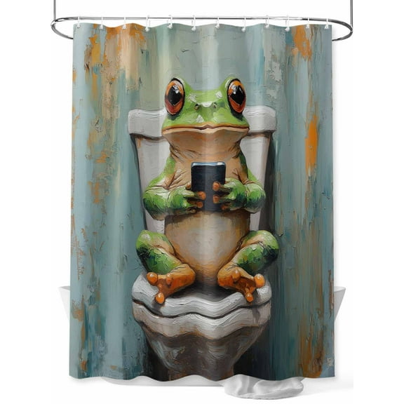 Funny Animal Shower Curtain, Frog Sitting on Toilet Frog Playing Phone Waterproof Shower Curtain Set with 12 Hooks Lightweight Washable Fabric Shower Curtains for Bathroom 48x72 Inches