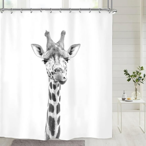 Funny Animal Shower Curtain Giraffe Jungle Safari Tropic African Wildlife Black and White Kid Boy Modern Designer Cool Bathroom Decor 72Wx72H inch 12 Pack Plastic Hooks
