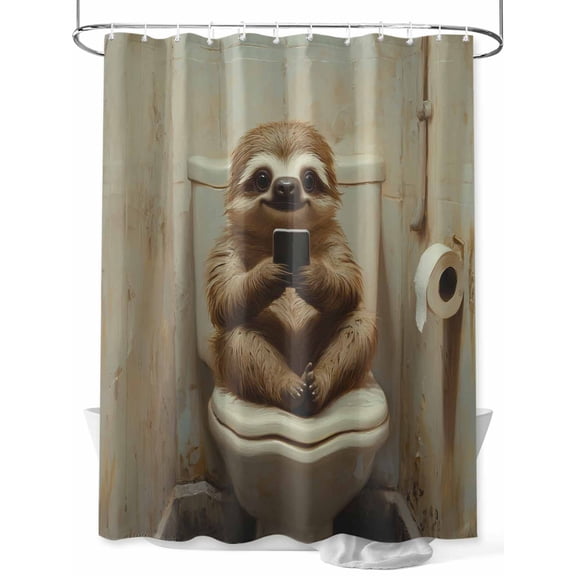Funny Animal Shower Curtain, Sloth Sitting on Toilet Sloth Playing Phone Waterproof Shower Curtain Set with 12 Hooks Lightweight Washable Fabric Shower Curtains for Bathroom 72x72 Inches