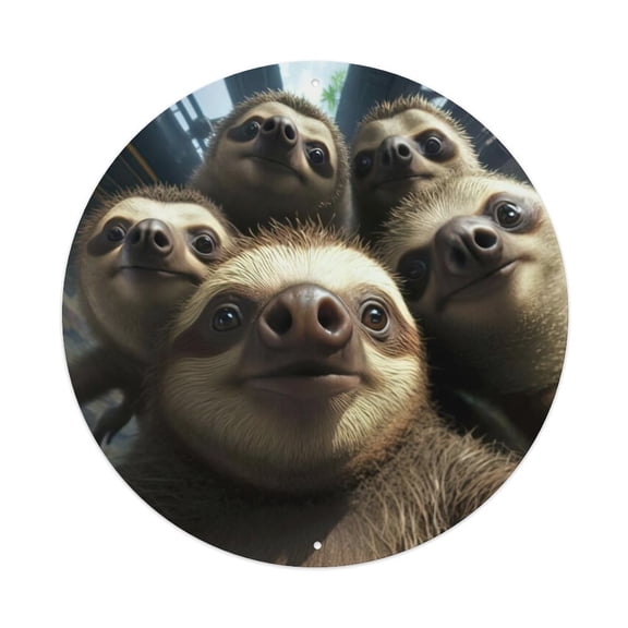 Funny Animal Sloth Family Selfie Vintage Metal Tin Sign Plaque Wall Decor for Cafe, Club, Garden Round Metal Poster 8x8Inch