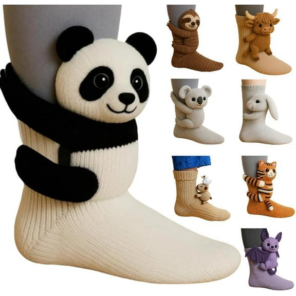 Funny Animal Socks for Kids, 3D Knit Animal Hug Striking for Women, Hand Crocheted Soft Breathable Cotton Novelty Socks, Birthday Gifts for Kids (Black and White)