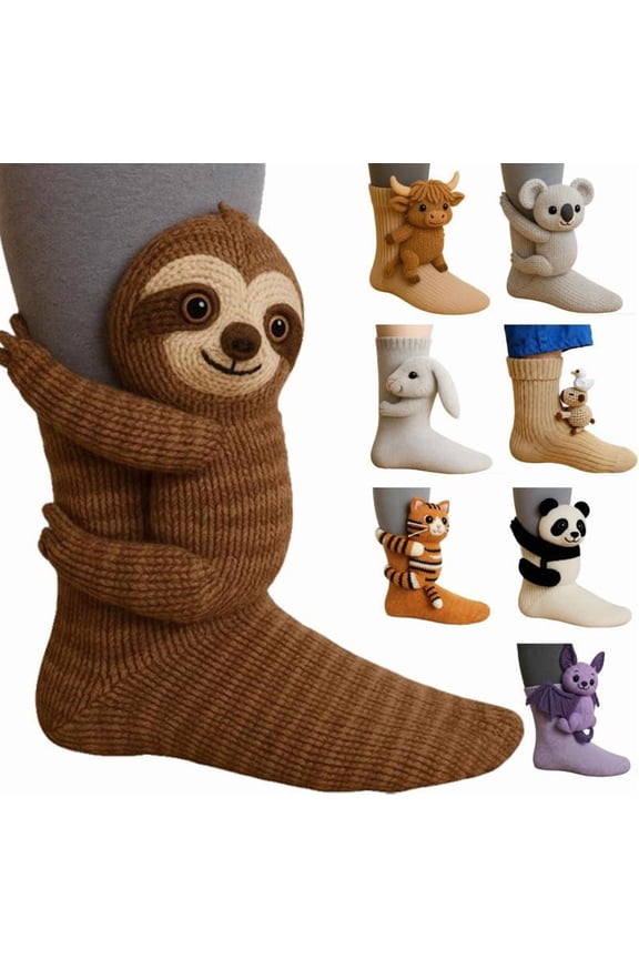 Funny Animal Socks for Kids, 3D Knit Animal Hug Striking for Women, Hand Crocheted Soft Breathable Cotton Novelty Socks, Birthday Gifts for Kids (Brown)