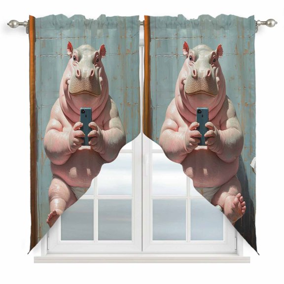 Funny Animal Swag Valances for Windows 2 Pack Hippo Sitting on Toilet Hippo Playing Phone Swag Kitchen Curtains 36 Inches Long Rod Pocket Short Window Treatment for Kitchen Bathroom 36"x36"